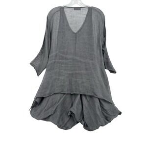 IC Collection Gray 100% Linen Layered Draped Tunic Top V-Neck USA Made Small